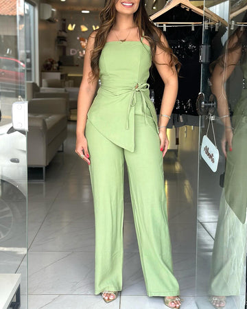 2 Pieces Outfit Sleeveless Elastic Strap Asymmetrical Hem Tied Detail Cami Top and Casual Elastic Back Waist Wide Leg Pleated Pants Set